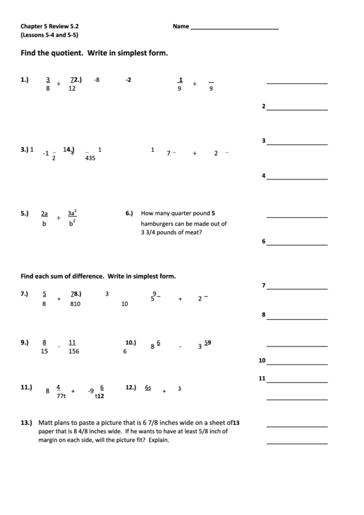 Fractions In Simplest Form Worksheets Printable pdf