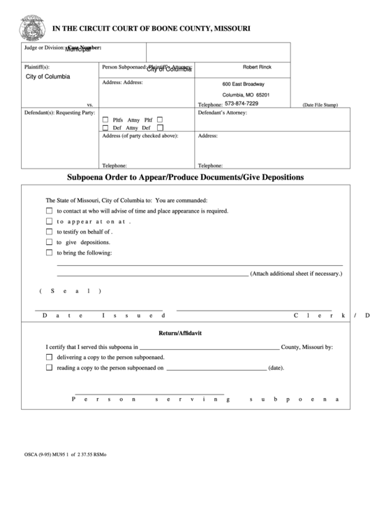 Fillable Subpoena Order To Appear/produce Documents/give Depositions Printable pdf