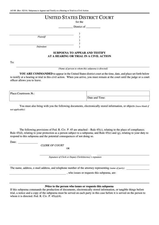 Fillable Form Ao 88 - Subpoena To Appear And Testify At A Hearing Or Trial In A Civil Action Printable pdf
