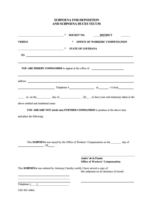 Fillable Form Lwc-Wc-1006a - Subpoena For Deposition And Subpoena Duces Tecum Printable pdf