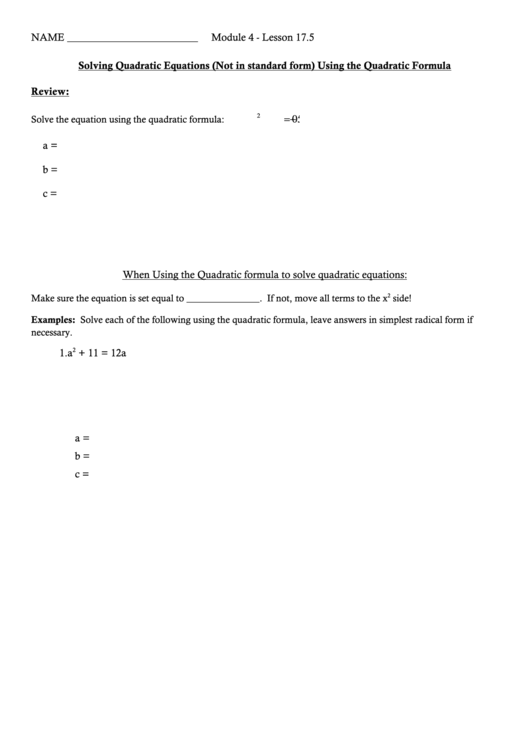 Solving Quadratic Equations (Not In Standard Form) Using The Quadratic Formula Printable pdf
