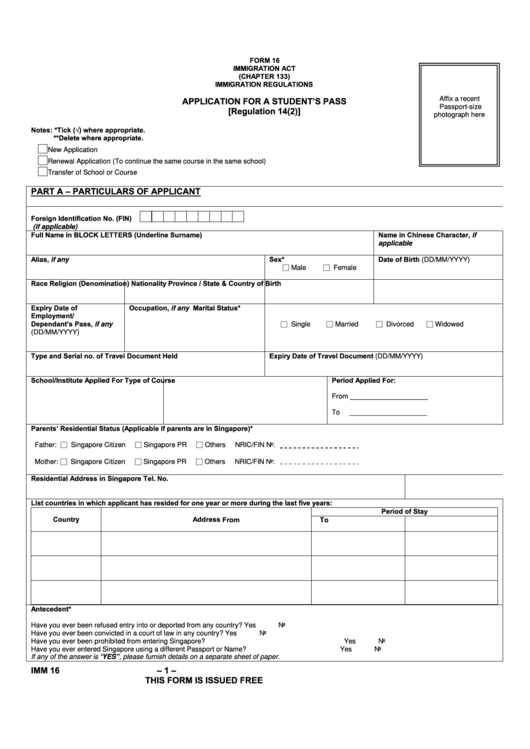 Form 16 - Application For A Student