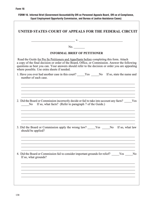 Fillable Form 16 - Informal Brief (Government Accountability Offi Ce Personnel Appeals Board, Offi Ce Of Compliance,equal Employment Opportunity Commission, And Bureau Of Justice Assistance Cases) Printable pdf
