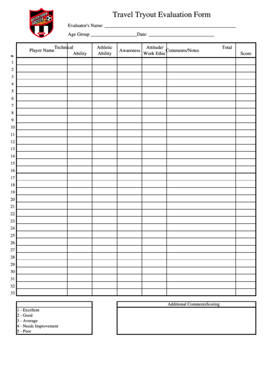 Travel Tryout Evaluation Form - Boyertown Soccer Club Printable pdf