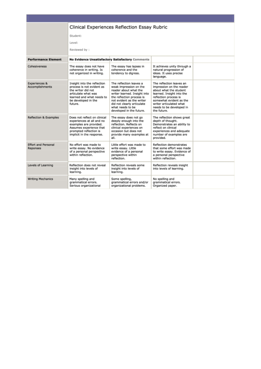 Clinical Experiences Reflection Essay Rubric Printable pdf