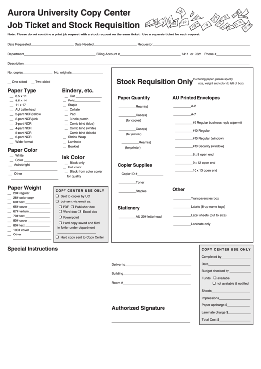 Fillable Aurora University Copy Center Job Ticket And Stock Requisition Printable pdf