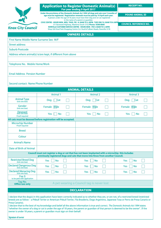 Application To Register Domestic Animal(S) Printable pdf
