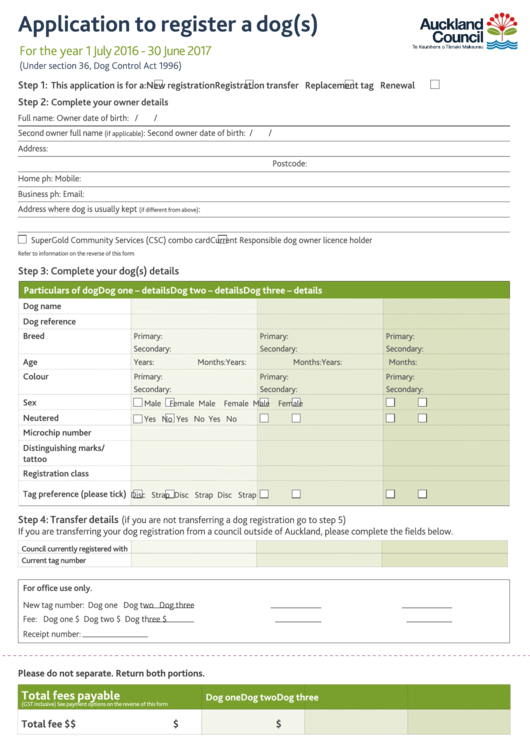 Application To Register A Dog Printable pdf
