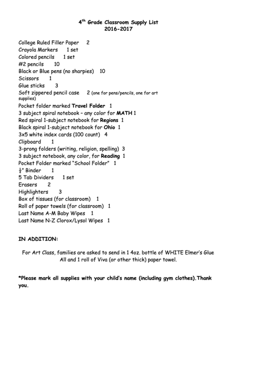 4th Grade Classroom Supply List Printable pdf
