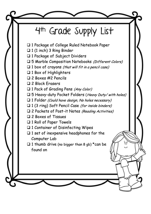 4th Grade Supply List Printable pdf