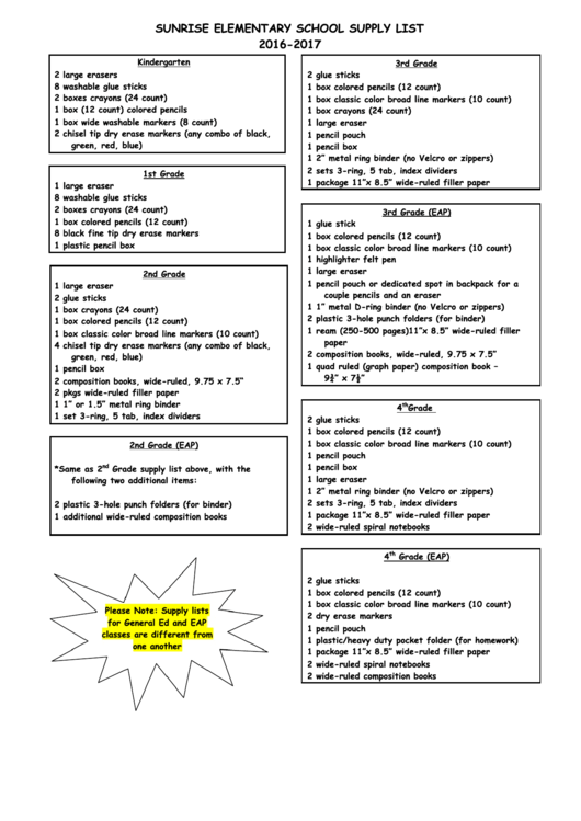Sunrise Supply List Printable pdf
