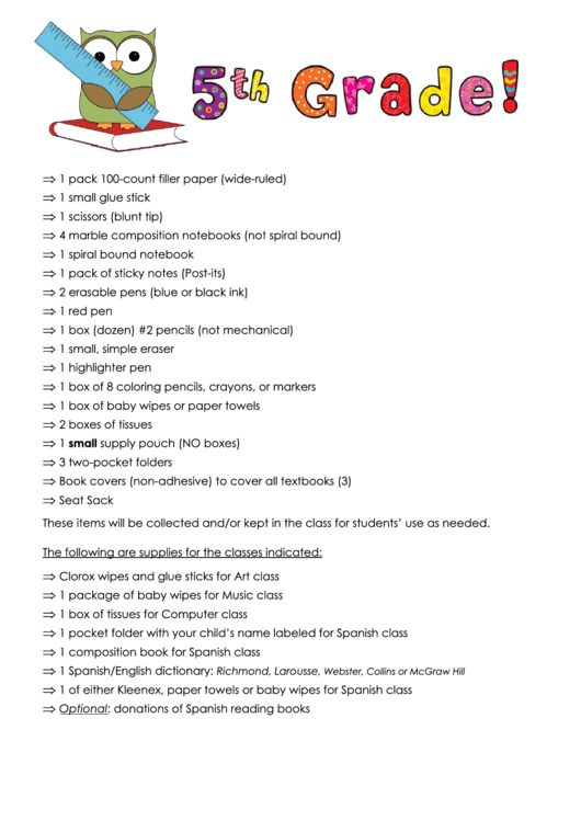 5th Grade Supply List Printable pdf