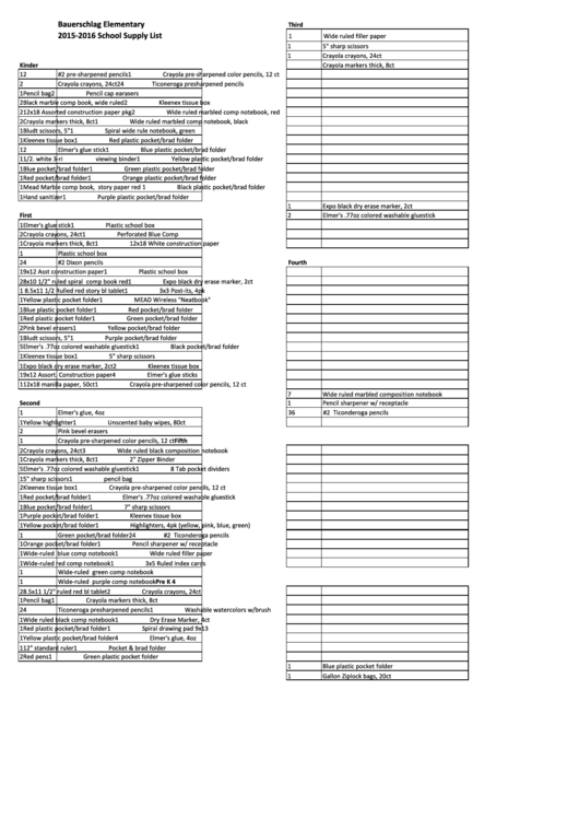 Elementary School Supply List Printable pdf