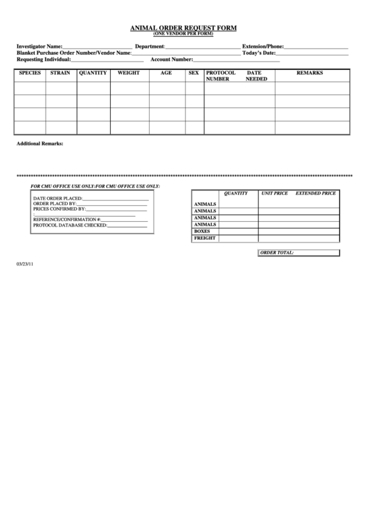 Animal Order Request Form Printable pdf