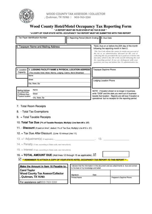Wood County Hotel/motel Occupancy Tax Reporting Form Printable pdf