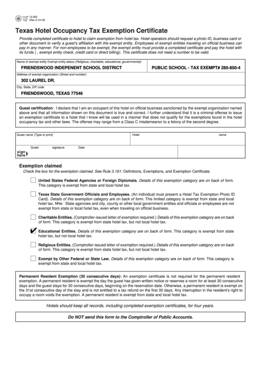 Fillable Form 12 302 Hotel Occupancy Tax Exemption Certificate Printable Pdf Download