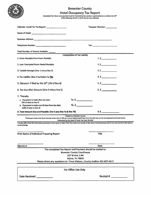 Hotel - Motel Tax Form Printable pdf