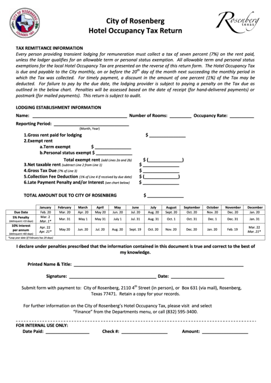 Fillable City Of Rosenberg Hotel Occupancy Tax Return Form Printable pdf
