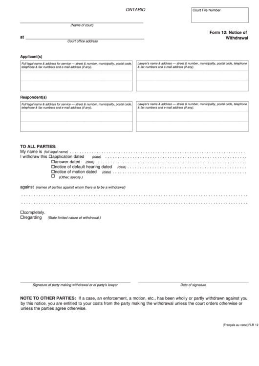 Form 12 Notice Of Withdrawal printable pdf download