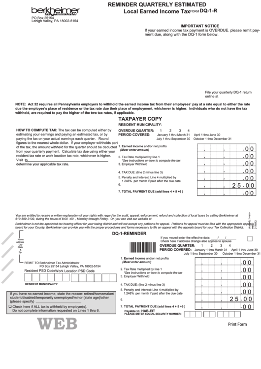 Form Dq-1-R - Local Earned Income Tax Printable pdf