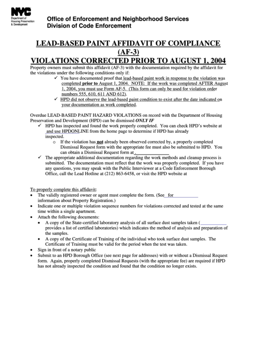 Form Af-3 - Affidavit Of Compliance Printable pdf