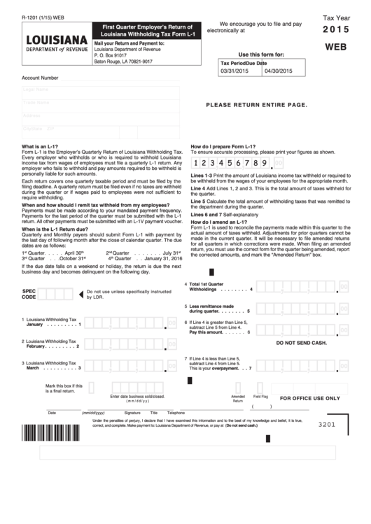 Fillable R-1201, 2015 , Louisiana Withholding Tax Form L-1 Printable pdf