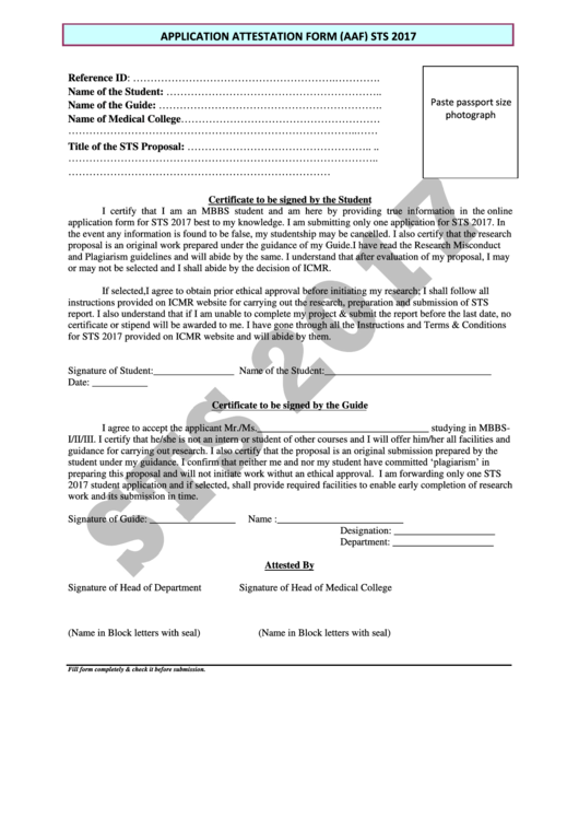 Application Attestation Form (Aaf) Sts - 2017 Printable pdf