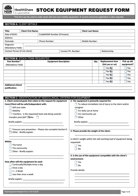 Fillable Stock Equipment Request Form - Healthshare Enablensw Printable pdf