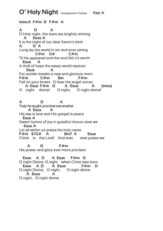 Fillable O Holy Night (Key Of A) Chord Chart Printable pdf