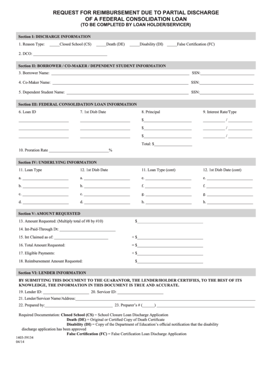 Request For Reimbursement Due To Partial Discharge Of A Federal Consolidation Loan Printable pdf