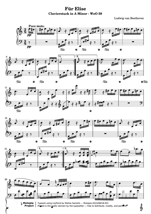 Fur Elise (Clavierstuck In A Minor) Ludwig Van Beethoven Printable pdf