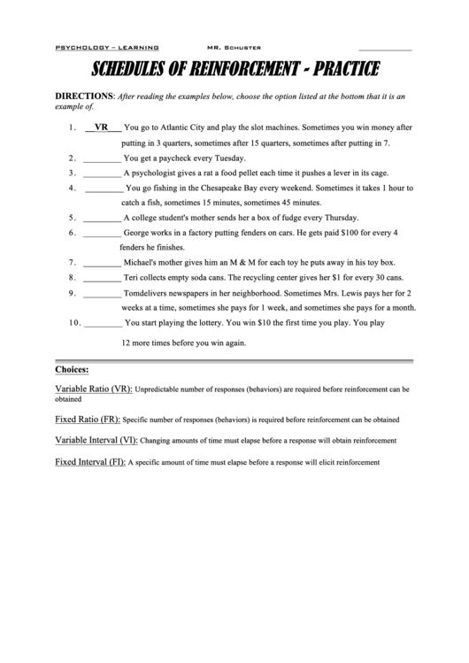 Schedules Of Reinforcement Worksheet Printable pdf