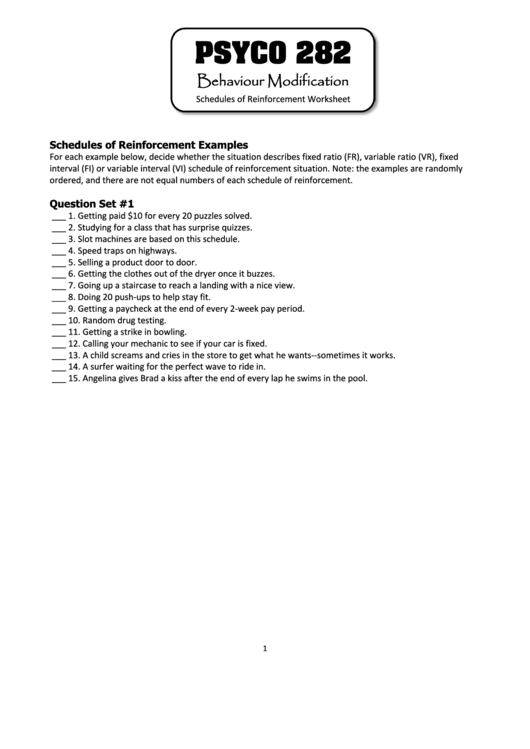 Psyco 282: Schedules Of Reinforcement Worksheet Printable pdf