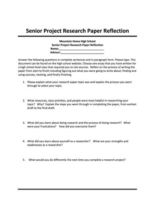 Senior Project Research Paper Reflection Printable pdf
