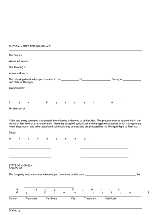 Quit Claim Deed For Individuals - Michigan Printable pdf