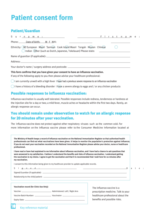 Patient Consent Form - Influenza Vaccination Printable pdf