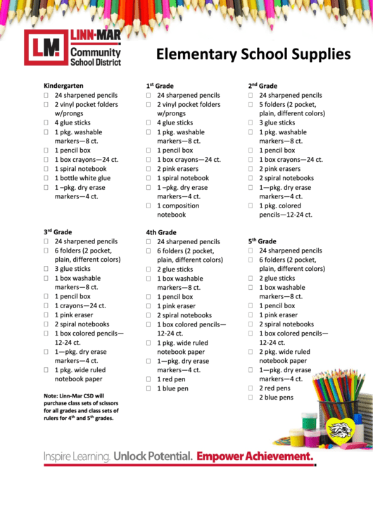 Elementary School Supplies List printable pdf download