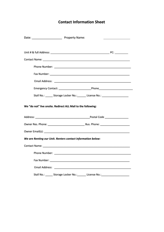 Fillable Contact Information Sheet Printable pdf