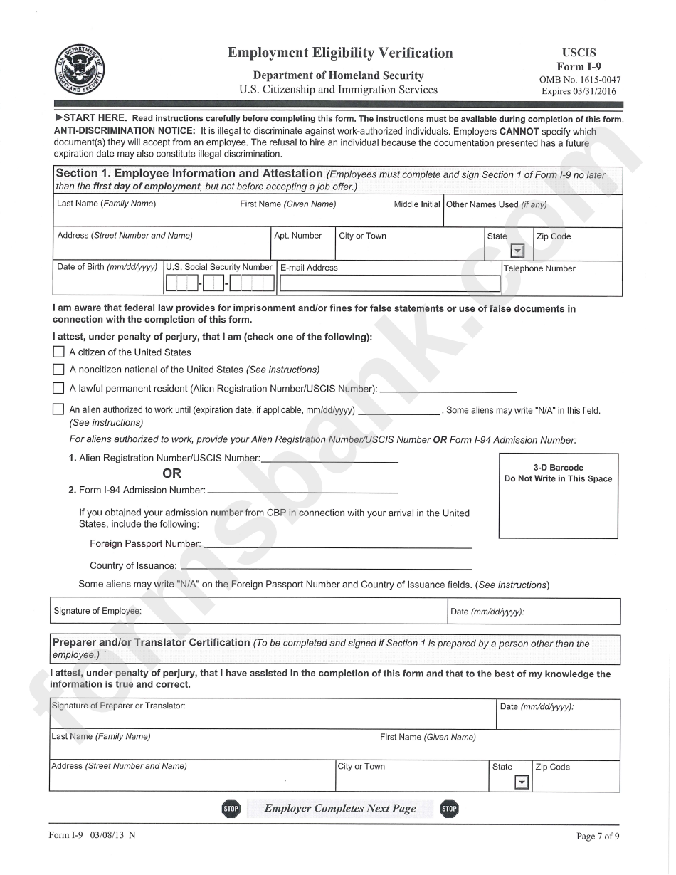 Employment Eligibility Verification Form Uscis I 9 Printable Pdf Download