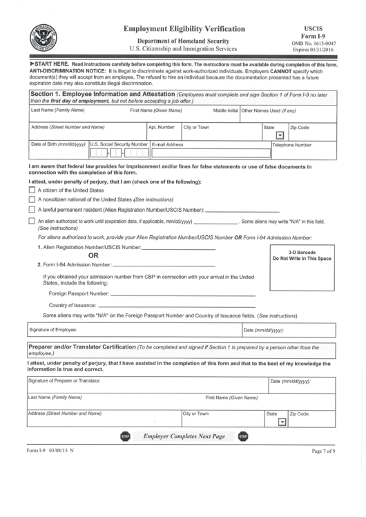 Employment Eligibility Verification Form Uscis I-9 Printable pdf