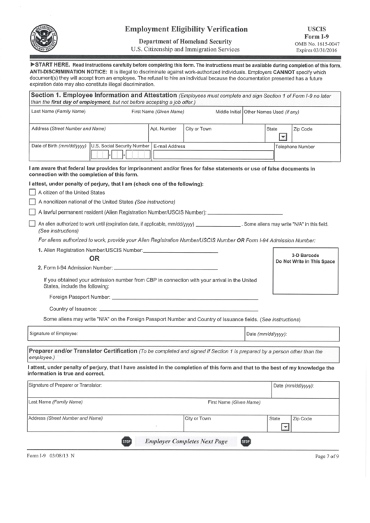 Employment Eligibility Verification Form Uscis I 9 Printable Pdf Download