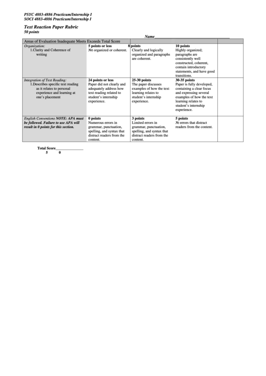 Text Reaction Paper Rubric