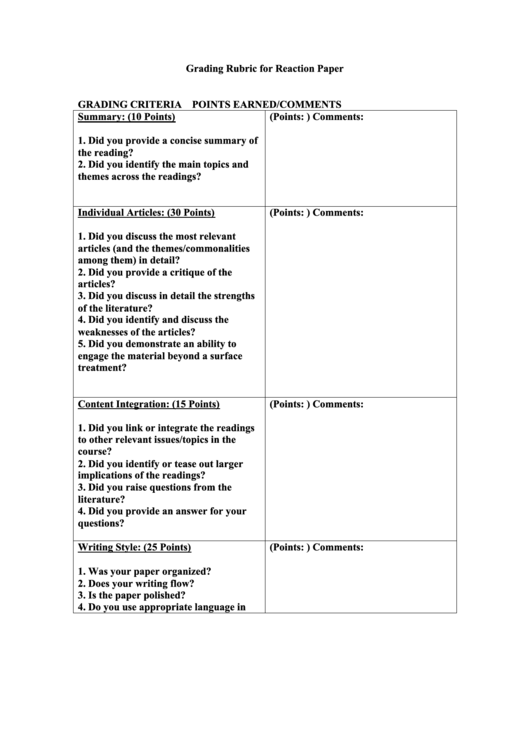 Grading Rubric For Reaction Paper Printable pdf