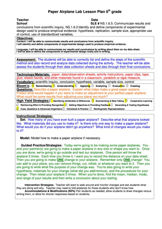 Paper Airplane Lab Lesson Plan 6th Grade Printable pdf