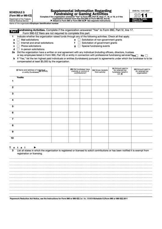 Fillable Schedule G (Form 990 Or 990-Ez) - Supplemental Information Regarding Fundraising Or Gaming Activities - 2011 Printable pdf