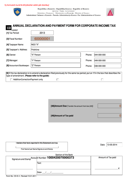 Fillable Form Cd-E-4 - Annual Declaration And Payment Form For Corporate Income Tax Printable pdf