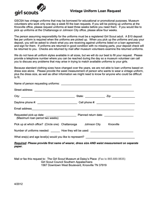Girl Scouts - Vintage Uniform Loan Request Form Printable pdf