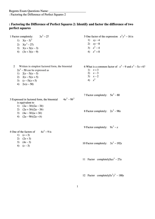 Factoring The Difference Of Perfect Squares (Math Worksheet) Printable pdf