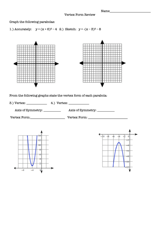 Graphing Quadratic Functions In Vertex Form Worksheet Printable pdf