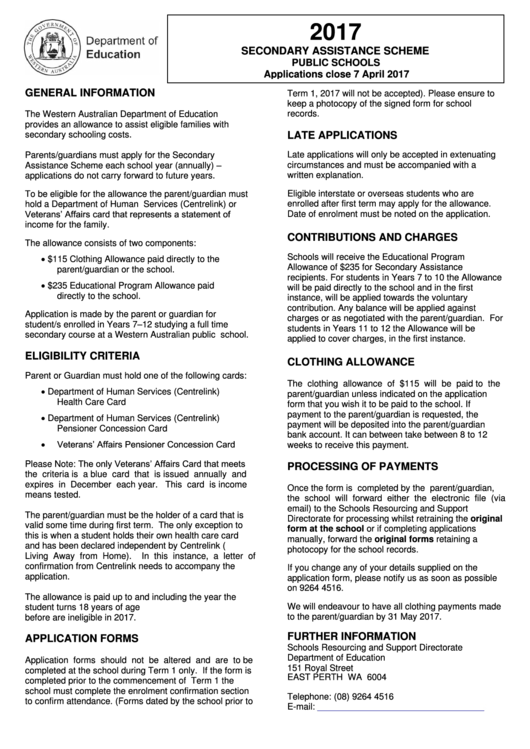 Secondary Assistance Scheme Application Form - Department Of Education - 2017 Printable pdf